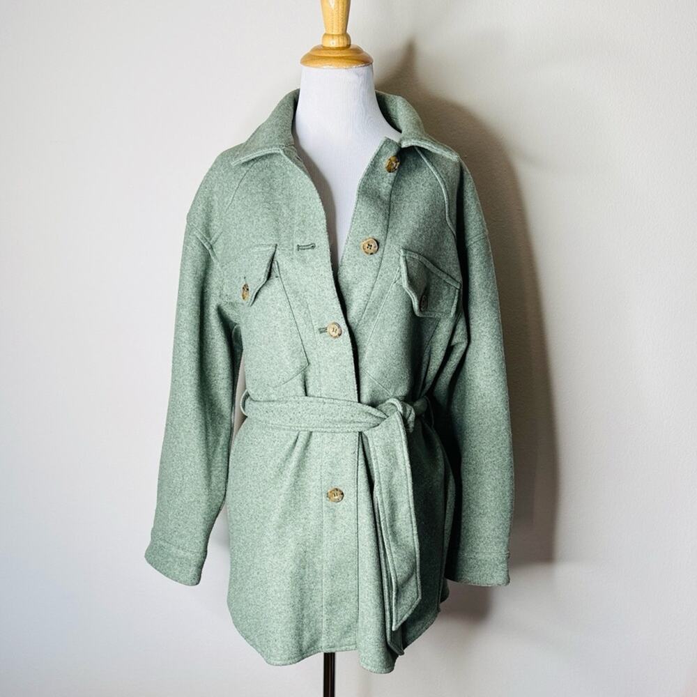 Zara Green Felt Belted Shacket - Picture 2 of 7